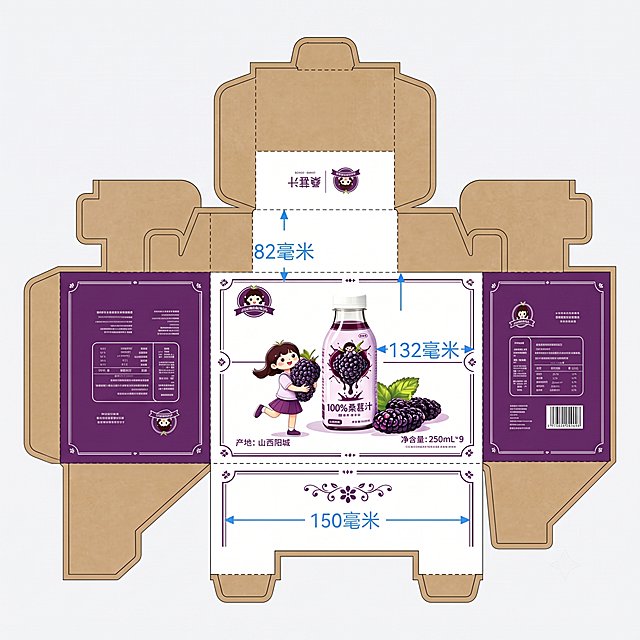 根据提供的第二张桑椹汁包装盒的设计风格，将设计内容应用到第一张的包装刀模平面图上，**严格保留刀模图原始的所有尺寸数据、尺寸标注和包装盒型尺寸不做任何修改**，保持原有的紫白色调、卡通女孩和桑椹图案、文字信息'100%桑葚汁'、'产地:山西阳城'、'净含量:250mL*9'以及品牌Logo，生成完整的平面印刷展开图，保留所有尺寸标注线和折痕线