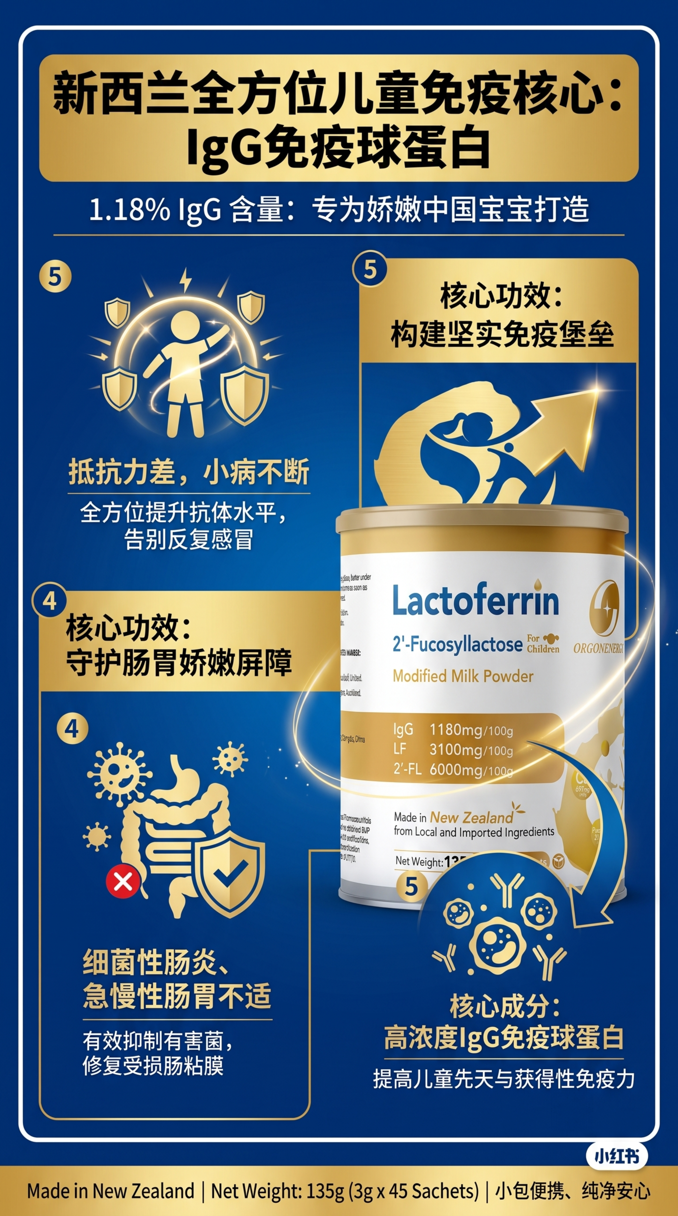 小红书科普海报，介绍新西兰儿童乳铁蛋白调制乳粉中的IgG免疫球… - 图片创意预览