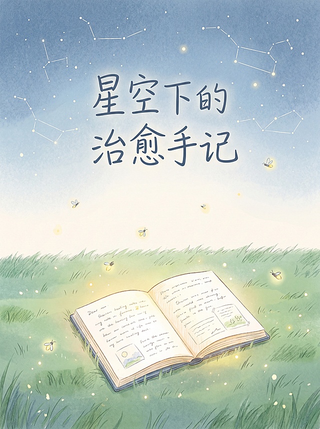 书籍封面设计，为散文合集《星空下的治愈手记》设计封面，整体风格为清新治愈的低饱和色调，采用简约插画风格。画面包含核心元素：静谧星空、绿色草地、飞舞的萤火虫、清晰的星座图案，一本摊开的笔记本，书名“星空下的治愈手记”文字排版在封面上。整体画面干净简约，色调柔和温暖。