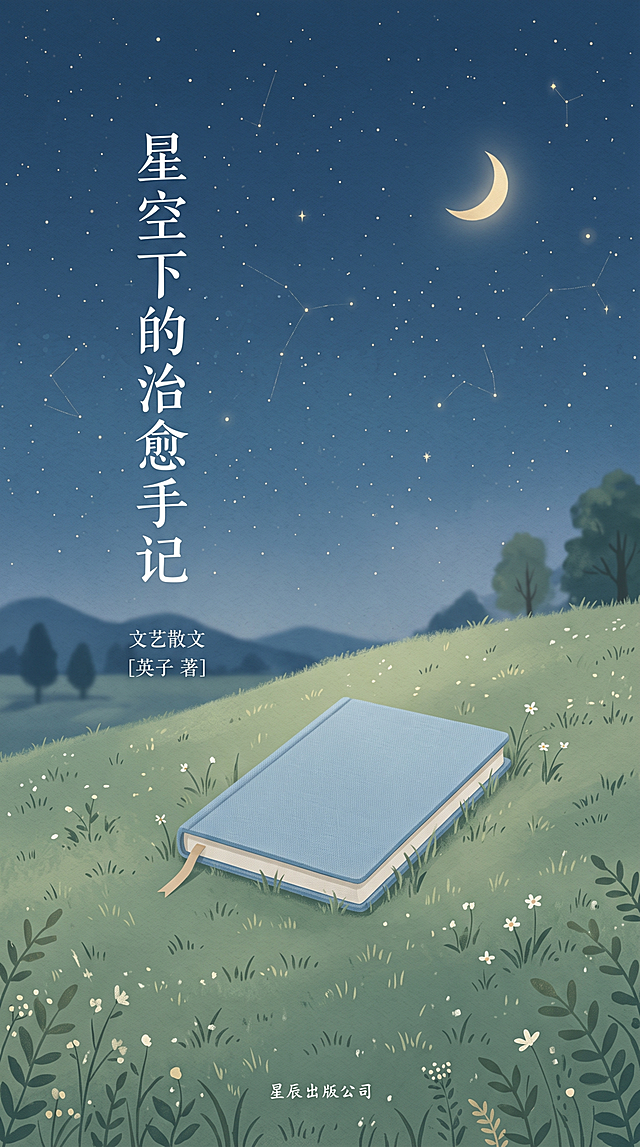 竖版书籍封面，《星空下的治愈手记》文艺散文封面，简约插画风格，低饱和度莫兰迪色调。深蓝色夜晚星空点缀着细碎星光，缓坡绿色草地上放着一本淡蓝色笔记本，整体干净通透，书名“星空下的治愈手记”竖排居中排列，治愈安静的氛围感。