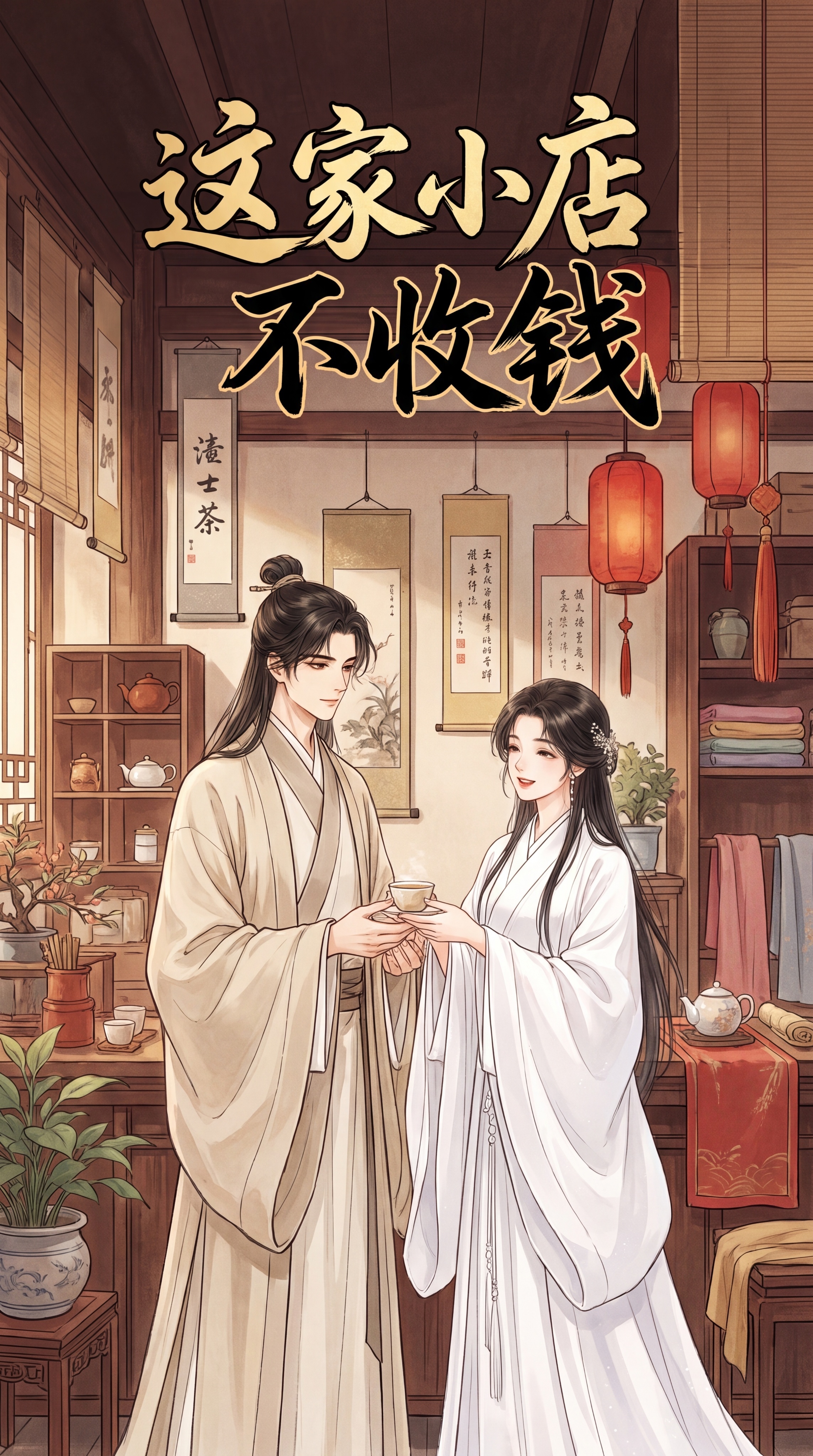 漫剧封面，9:16，古风温馨小店场景背景，非纯白色，图中的古风… - 图片创意预览