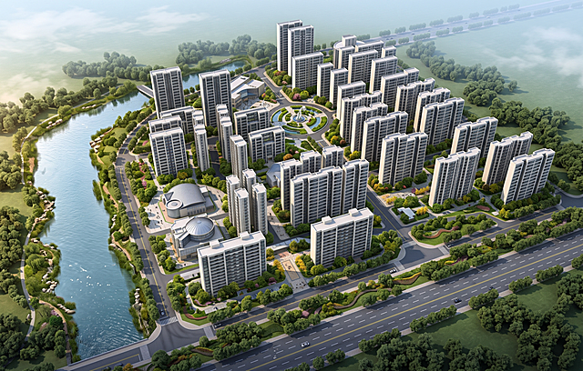 居住区规划SU白模鸟瞰效果图，写实建筑景观渲染，高层板式住宅组团，中央圆形环岛景观核心，规整社区路网，大面积绿化草坪，左侧配套公建（社区文体场馆），外围城市主干道，柔和日光清晨光影，干净通透写实风格，8K超清，建筑材质细腻，行道树、组团绿地、灌木层次丰富，真实路面沥青质感，浅蓝天柔和天空，自然环境氛围，住宅外立面简约现代，整体布局疏密有致，人居社区氛围，无水印，建筑体量与SU白模原图完全匹配，鸟瞰45°斜视角，图片中标注蓝色的区域改为水域，保留自然真实水面效果
