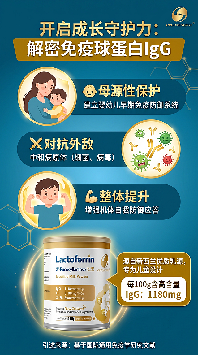 新西兰儿童乳铁蛋白调制乳粉产品科普配图，讲解免疫球蛋白IgG的作用，目标人群是儿童，标注引述文字出处，9:16竖图，色彩对比强烈，有视觉冲击感，画面协调不复杂，产品图放在画面中醒目位置