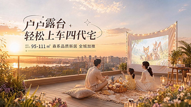 在原图基础上，保持所有文字内容和排版设计不变，人物和地垫等氛围元素保留。去掉投影幕布后面的大树，减少露台四周绿植密度，让环境更清爽，去掉露台中间部分的绿植草坪，修改为木质地板。整体光影色调和原图保持一致