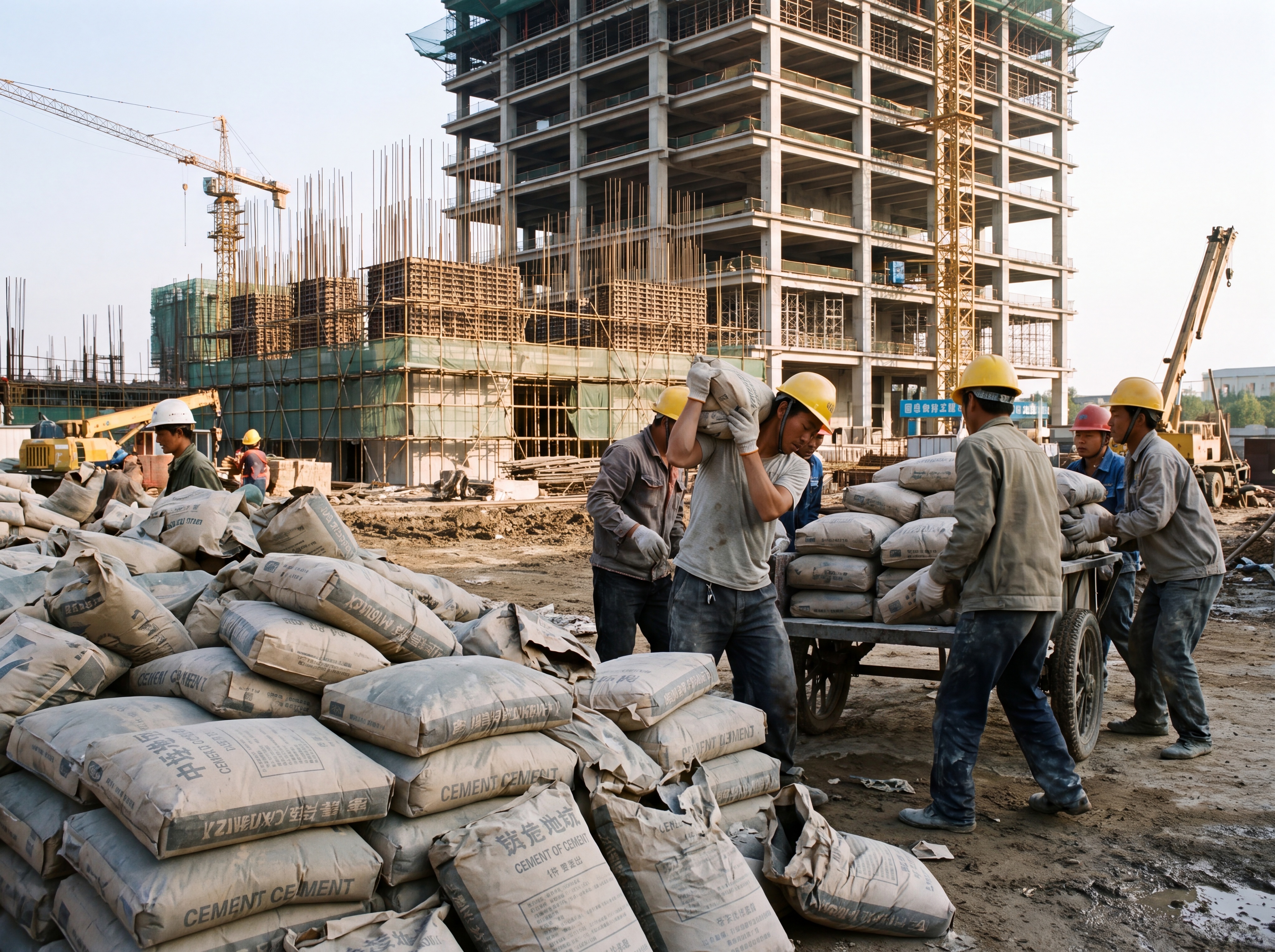 真实建筑工地场景，灰色袋装水泥堆放在施工现场，有工人正在搬运水… - 图片创意预览