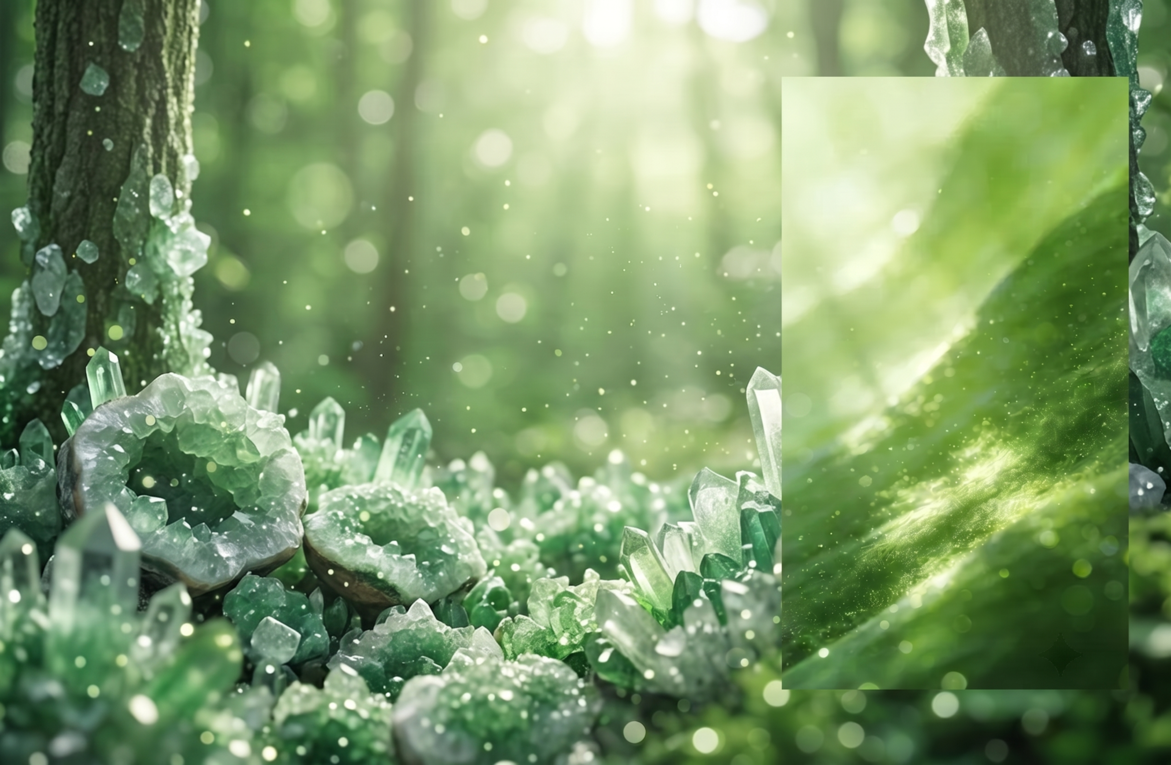将图片背景里的植物换成水晶原石，保留整体森林光影氛围和光斑效果… - 图片创意预览