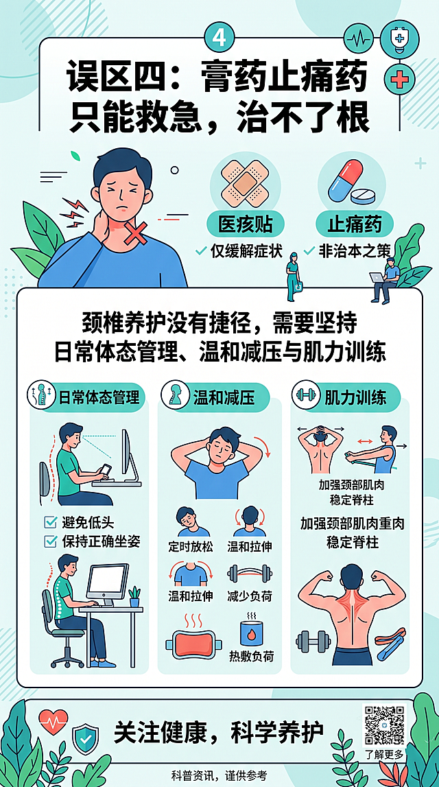 健康科普配图，主标题“误区四：膏药止痛药只能救急，治不了根”，正文总结“颈椎养护没有捷径，需要坚持日常体态管理、温和减压与肌力训练”，清晰文字排版，结尾加上关注健康提示，统一简约医疗科普风格