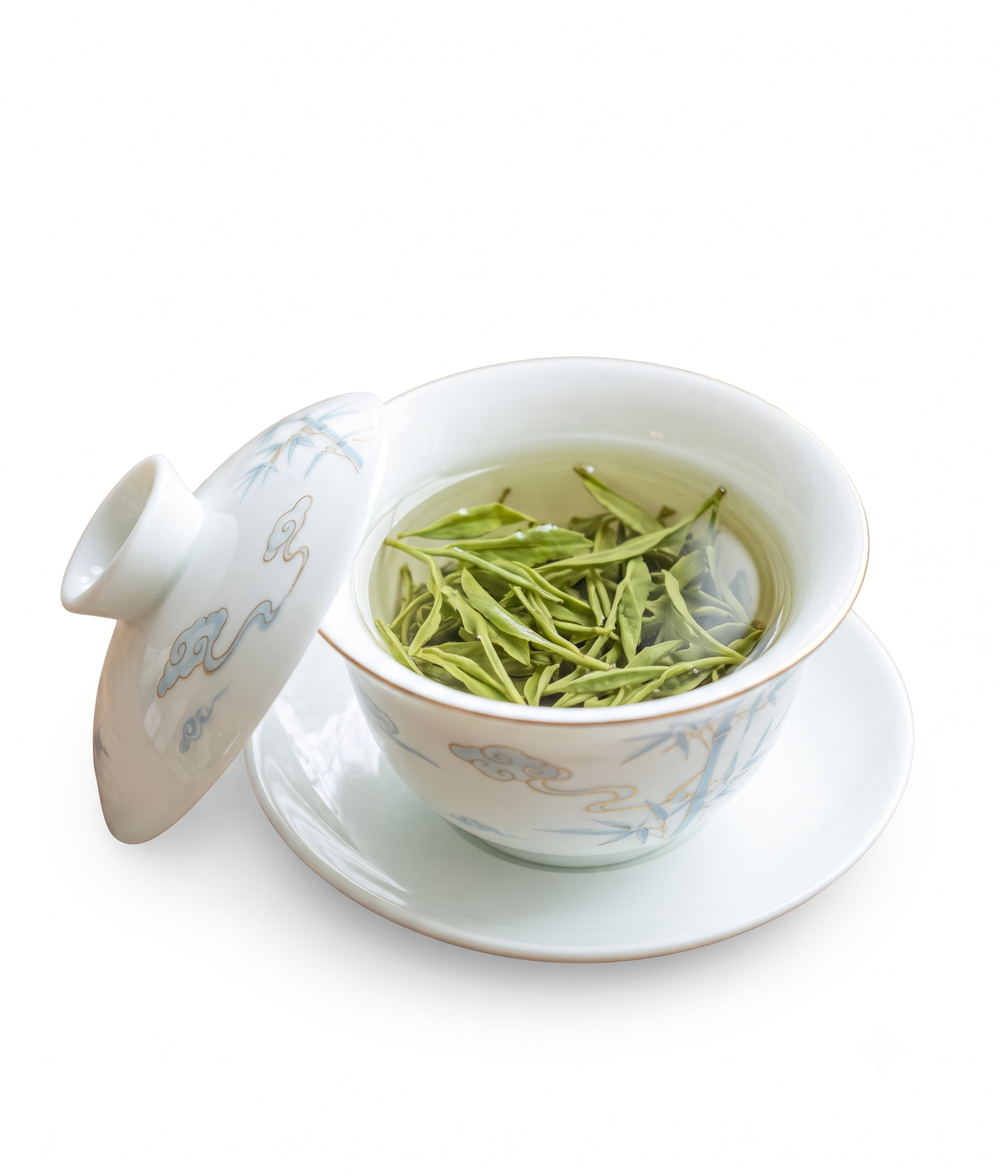 白瓷盖碗冲泡高山绿茶，茶汤清澈，茶叶舒展，浅淡国风摄影，纯白背… - 图片创意预览