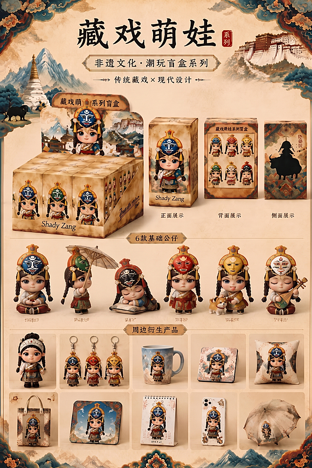 基于原图修改：仅修改第二个绿色小人，改为侧身举着油纸伞扭头动态，第三个保持趴在枕头上，第四个保持生气抱胸，第五个保持摸小狗吐舌头，第六个改为闭眼弹琵琶，其余所有内容、画质和细节均不允许改动，保持与原图完全一致