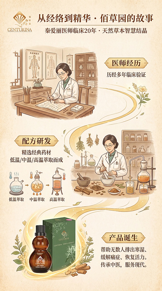 故事叙事时间线风，品牌历程维度。主标题："从经络到精华 · 佰草园的故事"，副标题：秦爱丽医师临床20年 · 天然草本智慧结晶。文案：历经多年临床验证，精选经典药材低温/中温/高温萃取而成。帮助无数人排出寒湿、缓解痛症、恢复活力。传承中医，服务现代。时间线布局，依次展示医师经历 → 配方研发 → 产品诞生，搭配柔和过渡插图，产品高光展示，叙事温暖复古风格，包含佰草园金色logo，产品100%还原上传商品图外形包装。版式精美，比例9:16，分辨率4K。