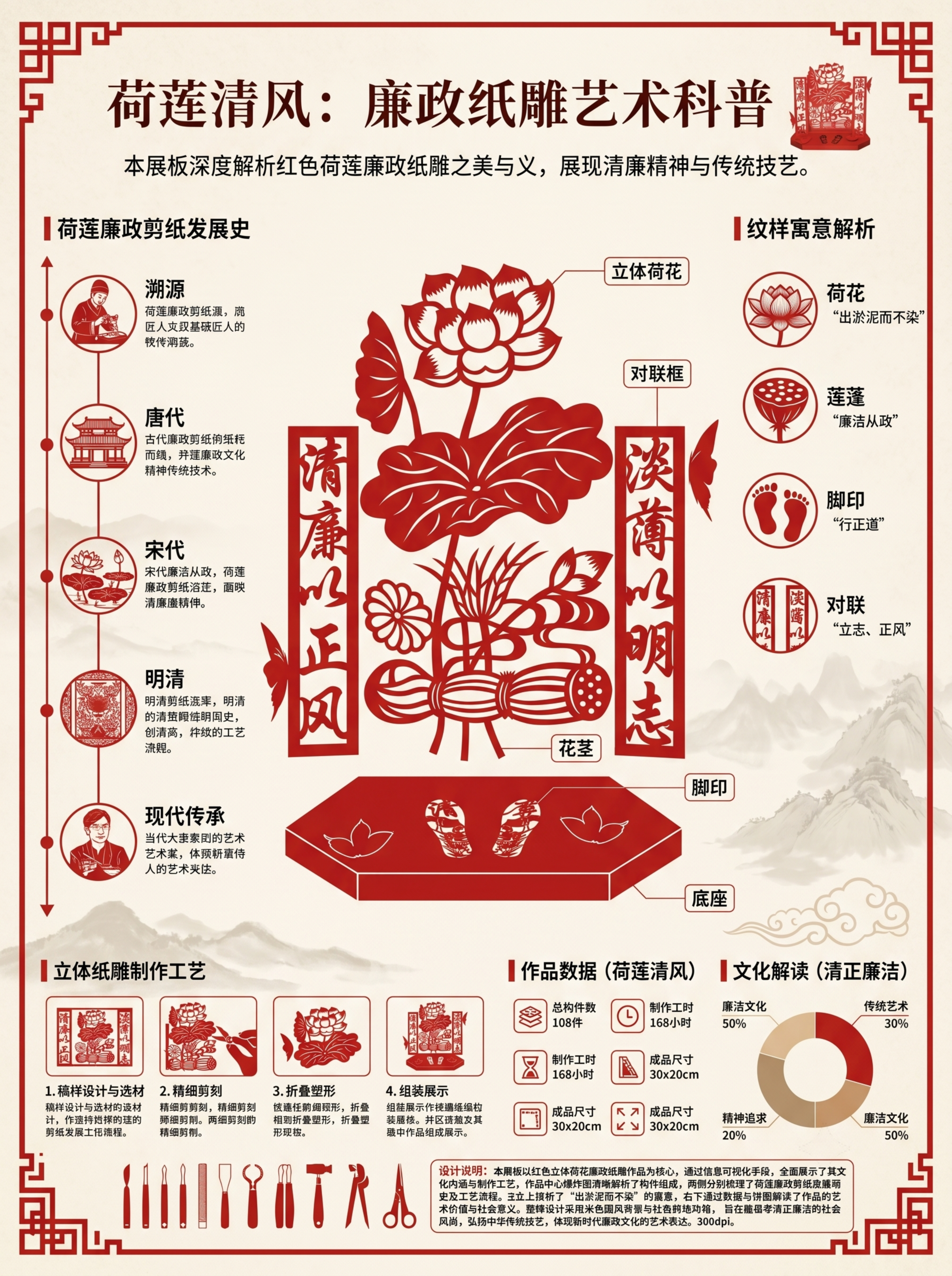 竖版3:4信息可视化展板，浅米色水墨国风背景，淡远山祥云底纹，… - 图片创意预览