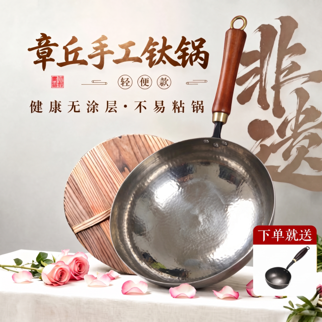 将第一张图里的大肚锅替换为第二张图的平底钛锅，保持画面其余元素、文字、背景、比例完全不变预览效果