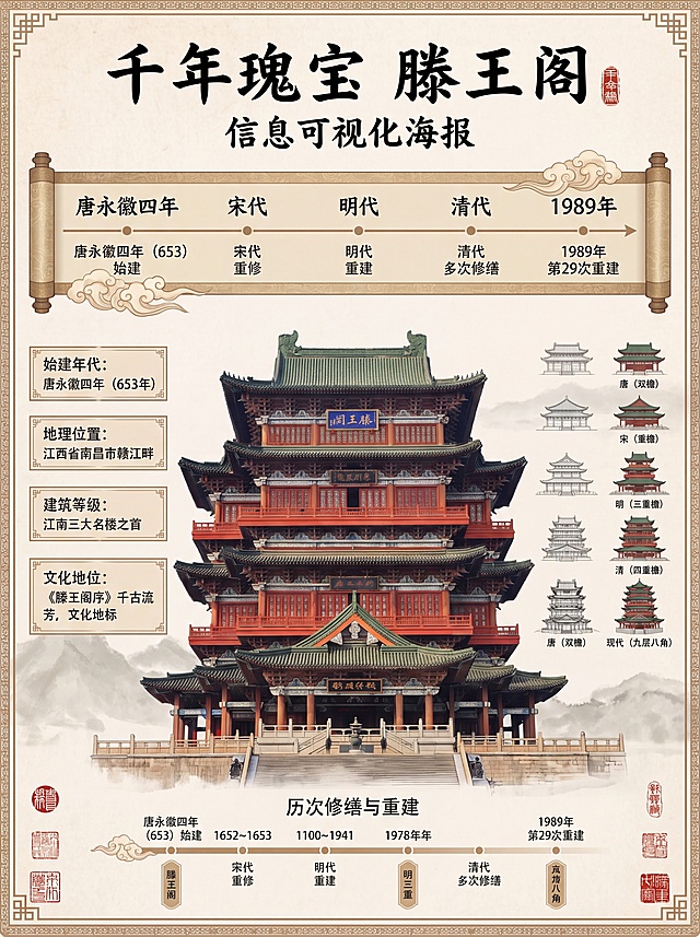 滕王阁信息可视化海报，梳理并可视化呈现滕王阁核心基础信息，包含始建年代、历史沿革、地理位置、建筑等级、文化地位、历次修缮与重建时间线，以时间轴、信息卡片、对比图表形式清晰呈现滕王阁千年发展脉络。整体风格采用中国古典风，结合用户提供的滕王阁实拍实景图片作为主体背景，保留滕王阁红柱绿瓦中式建筑特征。