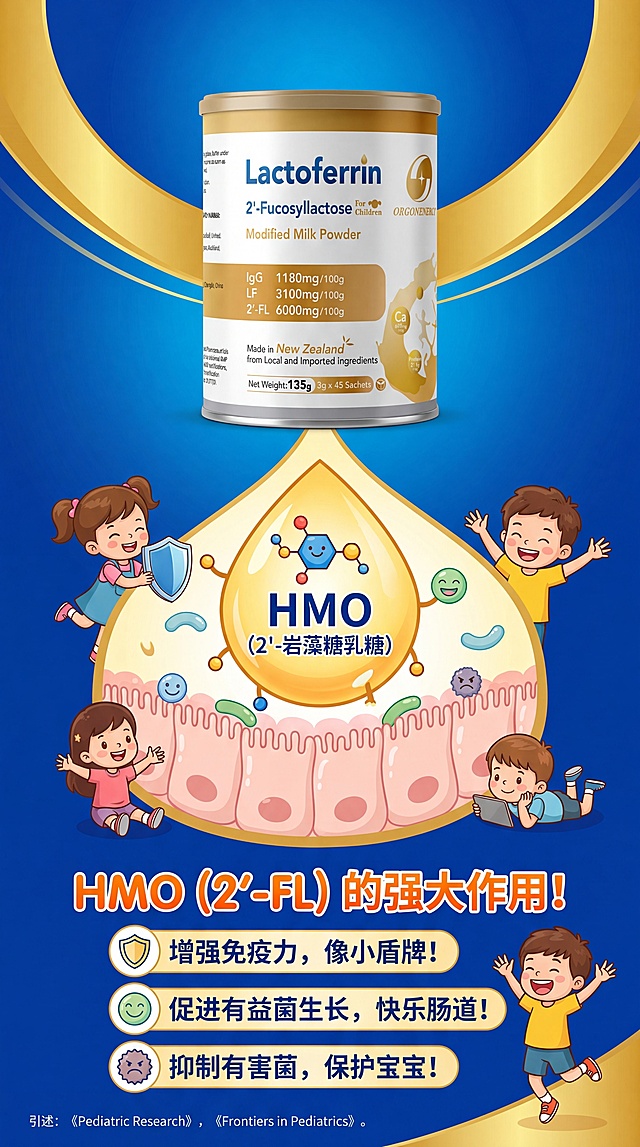 新西兰儿童乳铁蛋白调制乳粉产品科普配图，讲解HMO（2'-岩藻糖乳糖）的作用，目标人群是儿童，标注引述文字出处，9:16竖图，色彩对比强烈，有视觉冲击感，画面协调不复杂，产品图放在画面中醒目位置