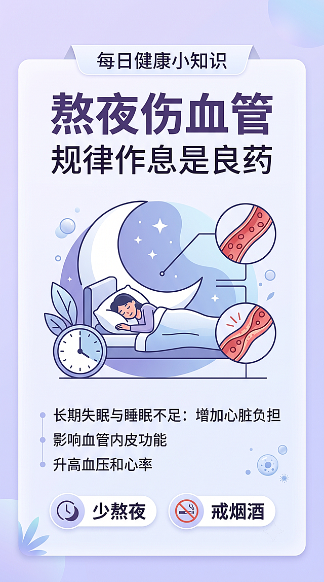 简约清新专业医疗健康风9:16竖版朋友圈科普海报，画面包含主标题"熬夜伤血管"，副标题"规律作息是良药"，装饰文案"每日健康小知识"，卖点标签"少熬夜""戒烟酒"，整体排版干净专业，浅紫色渐变背景，搭配简约月亮睡眠图形，文字清晰可读，版式精美，专业健康科普内容种草风格，分辨率超高清