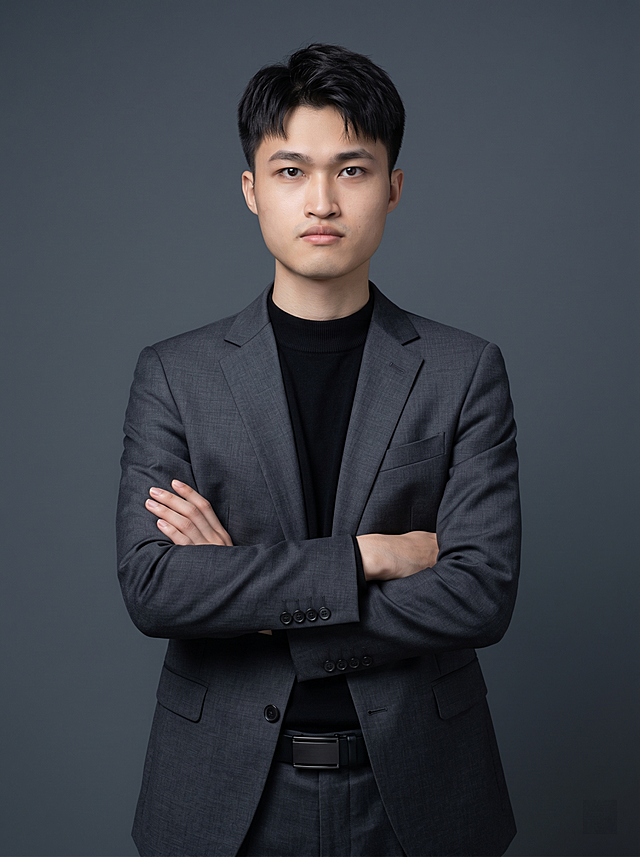 参考图中保留人物脸型、发型、年龄等特征生成职场形象照，标准焦段50mm,F/4光圈(处于F/2.8-F/4区间),平视视角(镜头与人物视线齐平);人物占画面70%,人物居中(居中构图),位于画面中心,为视觉聚焦点,入境范围头部及以下至臀部下方10cm(半身像)构图；身穿修身精纺羊毛混纺面料的深灰色西装外套(含5%桑蚕丝提升柔光质感),平驳领(商务感正式感),左胸袋无口袋巾(简化高级感),西装下摆自然垂度;内搭黑色中领紧身针织上衣,下装精纺羊毛混纺面料的深灰色高腰直筒西裤(面料同西装),搭配黑色哑光头层牛皮皮带(宽1.5cm),带扣为长方形拉丝黑色金属(1.8cm×2.5cm);着装正式干练;正式严谨专业稳重,身形匀称,姿态端正。呈正面抱胸的自然站立姿态:左臂搭于右臂上方,肩颈自然松弛下沉,姿态自信从容。发梢微微修整,干练大气,主体锐利,简约冷调深灰色纯色背景(呈现均匀柔和质感),背景光线均匀柔和,强化色彩对比的高级感,极简干净;画质超高分辨率、细节清晰,现代精致感风格;肤质精细化处理;眼神直视镜头,目光坚定且澄澈,表情自然。肤质自然细腻,肤色健康均匀,哑光肤质清爽干净,保留真实皮肤细节;杰作,最佳画质,超高细节,写实摄影,中近景人像,皮肤质感自然清晰,柔光,正面补光,画面干净清新,高清皮肤细节;面部光比1:1.5,4800K中性光,微微修饰脸型,肤质哑光细腻,面部雾面柔光,轻透裸肌感,真实毛孔纹理;分辨率4K,严格按照图片内容生成，画面比例3:4