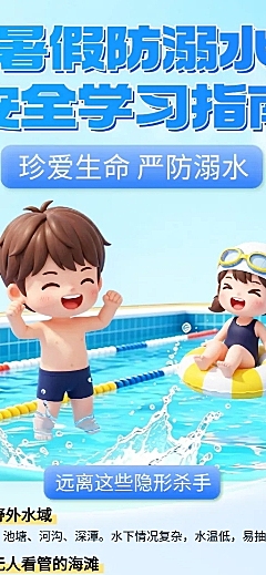 3d卡通暑假防溺水安全学习指南知识分享长图海报