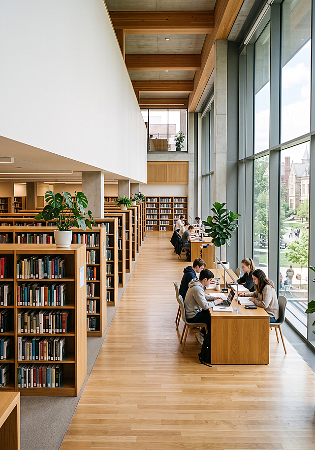 A4尺寸，现代大学图书馆室内照片，明亮干净，宽敞整洁，氛围感好，适合用作保研宣传手册背景，预留文字叠加区域