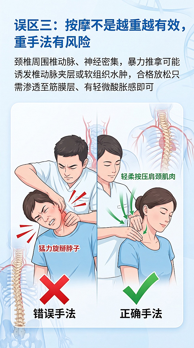 健康科普配图，主标题“误区三：按摩不是越重越有效，重手法有风险”，正文说明“颈椎周围椎动脉、神经密集，暴力推拿可能诱发椎动脉夹层或软组织水肿，合格放松只需渗透至筋膜层、有轻微酸胀感即可”，配图示意：左侧错误手法（猛力旋掰脖子+红色叉号），右侧正确手法（轻柔按压肩颈肌肉+绿色对勾），统一浅蓝白医疗科普风格，文字清晰排版
