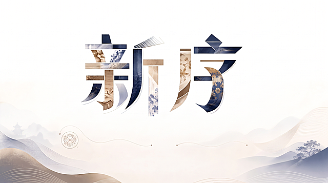 保留画面中心的“新序”拼贴字体造型，将整个背景修改为纯白色，删除所有远山、渐变山峦、祥云、胶片以及圆形图标装饰元素，保持“新序”字体的原样式配色和位置不变，生成纯白背景版本，分辨率4K