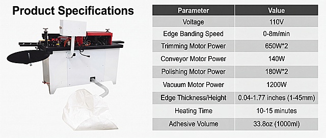 [Screen 3] Complete Product Specification Sheet - Woodworking Edge Banding Machine. This screen uses [image3] as the product display. [Atmosphere/Style] Clear and professional data layout, technical parameter presentation style. [Element Layout] Product on the left, parameter table on the right. Product accounts for 45% of the screen, parameter table accounts for 50% of the screen. Keep product appearance consistent with the input image. [Lighting and Texture] Even bright lighting, clear parameter text, clean table layout. [Color Scheme] Global background #F5F5F5; table header uses dark gray background, text uses white; parameter rows use alternating light gray and white. [Perspective and Composition] Left product right table, clear reading flow, balanced page. [Text Layout] Top main title "Product Specifications", parameter table includes: Voltage: 110V, Edge Banding Speed: 0-8m/min, Trimming Motor Power: 650W*2, Conveyor Motor Power: 140W, Polishing Motor Power: 180W*2, Vacuum Motor Power: 1200W, Edge Thickness/Height: 0.04-1.77 inches (1-45mm), Heating Time: 10-15 minutes, Adhesive Volume: 33.8oz (1000ml). All text in English, clear legible font, proper spacing, no Chinese characters. [Proportions and Resolution] 61:25 wide ratio for Amazon premium A+ (web), 4K resolution, clear text, high-definition quality. [Negative prompts] garbled text, wrong parameters, blurry product image, Chinese characters, watermark