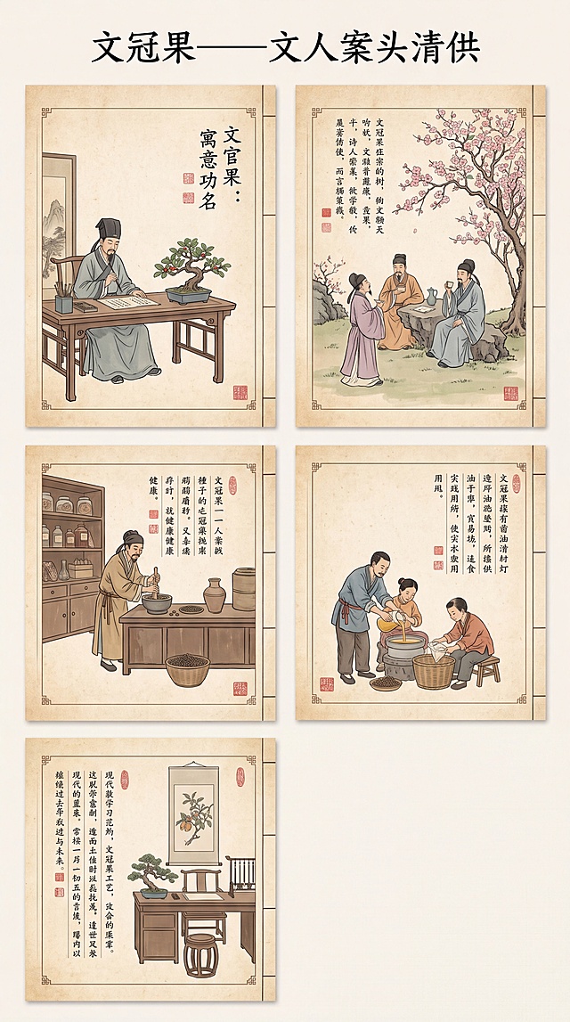 竖版笔记本彩页，主题是文冠果的文化传承，延续前面的国风风格，搭配古代文人墨客和文冠果国画场景，标题文字"文冠果——文人案头清供"，排版清晰，介绍文冠果在传统文化中的寓意，五张合起来整体构成完整的文冠果文化体系，整体风格统一适合印刷。
