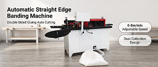 [Screen 1] Amazon Premium A+ main header - Woodworking Straight Line Edge Banding Machine. This screen uses [image1] as the product主体. [Atmosphere/Style] Professional industrial style, minimalist design, high-resolution commercial photography, highlighting product functionality. [Element Layout] Place the edge banding machine in the center, occupying 65%-70% of the screen area; keep the machine's physical structure, proportions, key components, material texture, and color consistent with the input image. Add a clean woodworking workshop environment background with subtle wood grain texture. Place the main title at the top left, two core卖点 capsules on the right. [Lighting and Texture] Soft directional lighting from the upper left, natural projection on the right, clear highlights on metal parts, uniform overall light, highlighting mechanical details. [Color Scheme] Global background #F5F5F5; main color dark gray and red from the machine; auxiliary color light wood grain. [Perspective and Composition] 45-degree oblique front view, product as the clear visual center, reading flow from top title to product to bottom information. [Text Layout] Top left main title "Automatic Straight Edge Banding Machine", subtitle "Double-Sided Gluing Auto Cutting", right side capsules "0-8m/min Adjustable Speed" and "Dust Collection Design"; all text in English, no Chinese characters, text does not cover the main body of the machine. [Proportions and Resolution] 61:25 wide ratio for Amazon premium A+ (web), 4K resolution, clear text, high-definition quality. [Negative prompts] product deformation, missing parts, wrong structure, color deviation, watermark, garbled text, blurry product image, Chinese characters