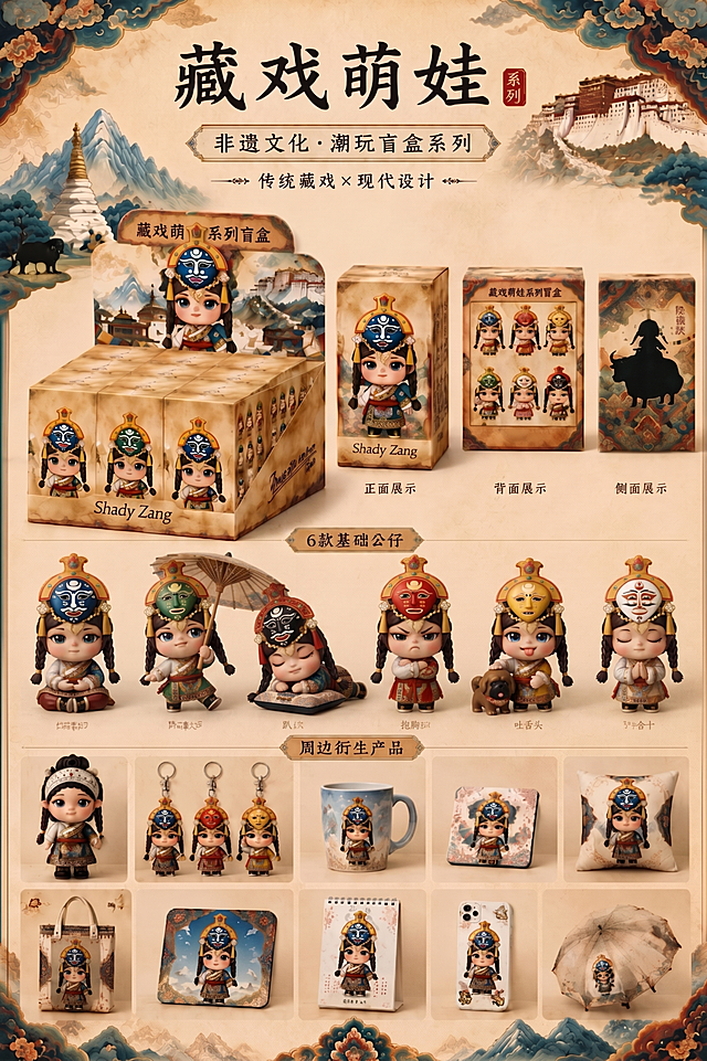 基于原图修改：6款基础公仔中，第二个绿色小人改为举油纸伞迈步的动态，第三个公仔改为趴在枕头上，第四个公仔改为生气抱胸姿势，第五个公仔改为摸小狗、吐舌头表情，第六个公仔改为闭眼许愿，其余内容全部保持不变