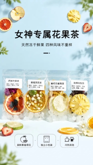 「图片1」「图片1」「图片1」「图片1」「图片1」「图片1」，生成详情页，商品名称为女神专属花果茶，天然冻干鲜果｜4 种风味不重样
，卖点4 款风味，每日换口味不腻口
青柠百香果茶｜清爽解腻，开胃消水预览效果
