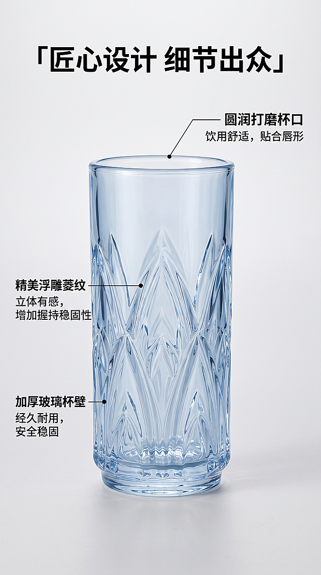[第3屏] 结构解析-中艺浮雕菱纹玻璃杯结构标注。本屏使用【图1】作为产品主体。氛围风格：简约清晰解析风，柔和室内光，专业写实质感。元素布局：玻璃杯居中展示，细线引出三个核心部位，分别标注杯身浮雕菱纹、加厚玻璃杯壁、圆润打磨杯口，每个标注配短句说明用户收益。保持玻璃杯结构材质颜色与原图一致，主体占比约70%，背景浅灰干净。光影质感：均匀柔和顶光，突出各部位细节，标注清晰不遮挡主体。配色色系：全局浅灰底，主色玻璃杯透明蓝，标注线黑色，文字黑色清晰。视角构图：正面平视，完整展示玻璃杯整体结构。文字版式：顶部大标题「匠心设计 细节出众」，各部位引线标注，文字简洁易懂。比例分辨率：16:9竖版比例，4K分辨率，文字清晰可辨，高清画质。负向提示词：变形，缺件错件，颜色偏差，水印，文字错乱，产品图模糊，耐摔，食品级，耐高温