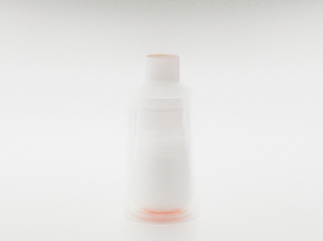 Product photography of a press-type seasoning dispenser, transparent glass body with white salt inside, white PP plastic lid with orange silicone button, orange silicone anti-slip base, pure white studio background, soft studio lighting, clean minimal aesthetic, high-end commercial product shot, centered composition, sharp focus, 8K quality