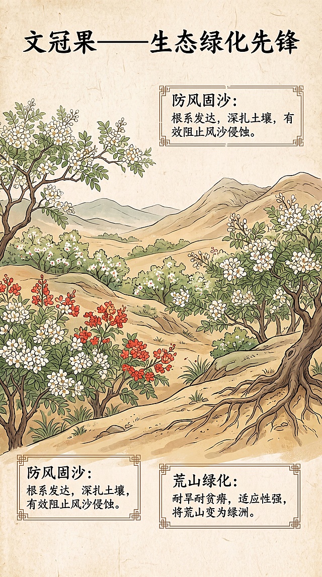 竖版笔记本彩页，主题是文冠果的生态价值，延续前面的国风风格，大片文冠果林景观插画，标题文字"文冠果——生态绿化先锋"，排版清晰，介绍文冠果防风固沙和荒山绿化作用，整体风格统一适合印刷。
