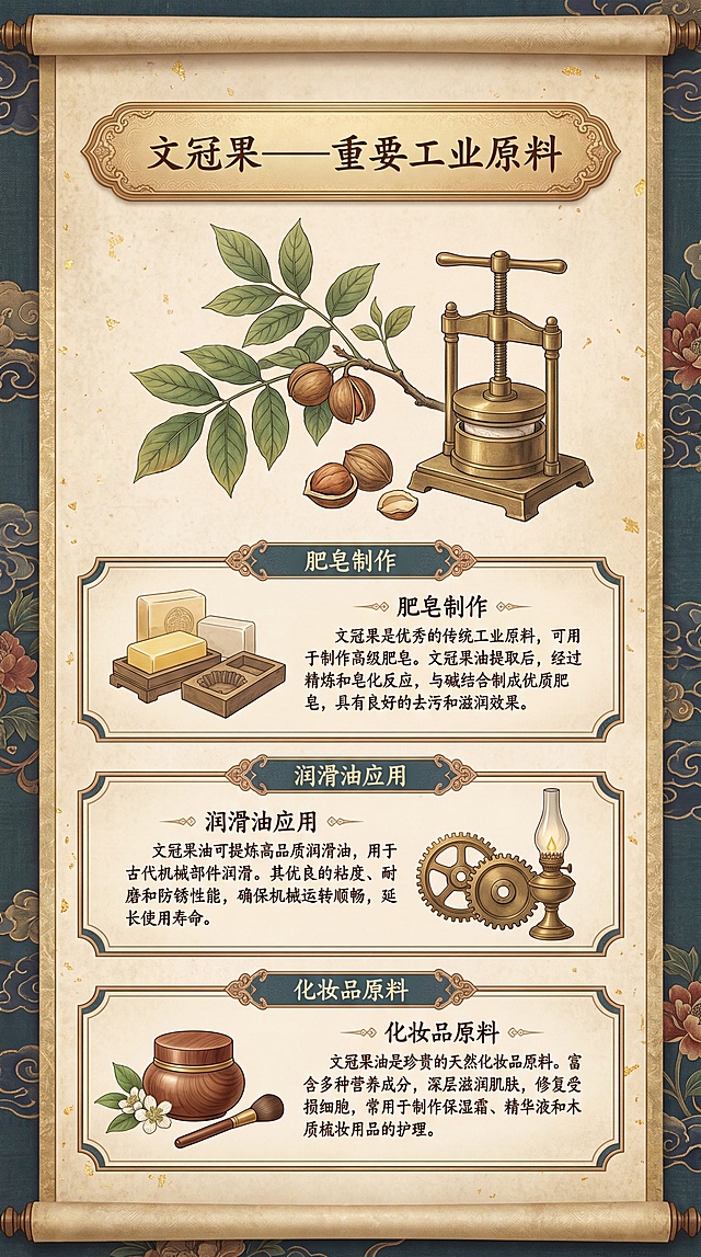 高端笔记本内页竖版彩页，主题文冠果化工价值，提升整体设计感，采用高级国风版式布局，专业平面设计排版，增加视觉层次、装饰细节和高级质感，文字排版整齐专业，修正错别字，去除幼稚手绘感，提升设计精致度，保持国风复古调性，符合专业设计师出版物级水准