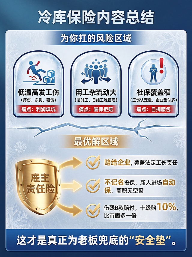 这是一张冷库保险的内容总结图，核心目的是图形化讲清核心风险与方案优势。延续之前设计，主色为专业可信的深海蓝#0B2B4F和冰霜白，强调色为警示暖金#D9A066与风险暗红，整体感觉冷静、清醒、高级不花哨，保持商务专业感，避免卡通字体，字体标题用方正有力的黑体，数字和保额用粗体放大强调，复用盾牌、冰块核心元素。背景是柔和磨砂玻璃质感，透着淡淡的雪花纹路。
上半部分为你扛的风险区域：有三个并列的胶囊形图标，图标1：滑倒的人+冰块，标注文字：低温高发工伤（摔伤、冻伤、砸伤），下方红色小字标注痛点：利润填坑；图标2：流动的人群剪影，标注文字：用工杂流动大（临时工、日结工难管理），下方红色小字标注痛点：漏保拒赔；图标3：叹号罩子里的人，标注文字：社保覆盖窄（工伤认定慢，企业垫付多），下方红色小字标注痛点：自掏腰包。
下半部分为最优解区域：用一个显眼的金色盾牌图标压阵，内部写雇主责任险，右侧延伸出三个对勾特性，用箭头连接：对勾1：赔给企业，覆盖法定工伤责任；对勾2：不记名投保，新人进场自动保，离职无空窗；对勾3：伤残B款赔付，十级赔10%，比市面多一倍。
底部加粗总结句：这才是真正为老板兜底的"安全垫"。整体图片比例为3:4