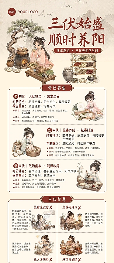 三伏天养生健康科普指南分享手绘插画风长图海报