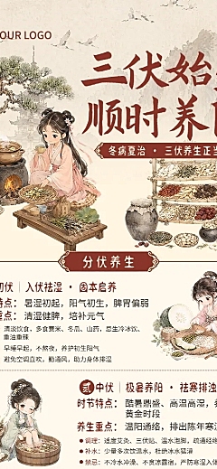 三伏天养生健康科普指南分享手绘插画风长图海报