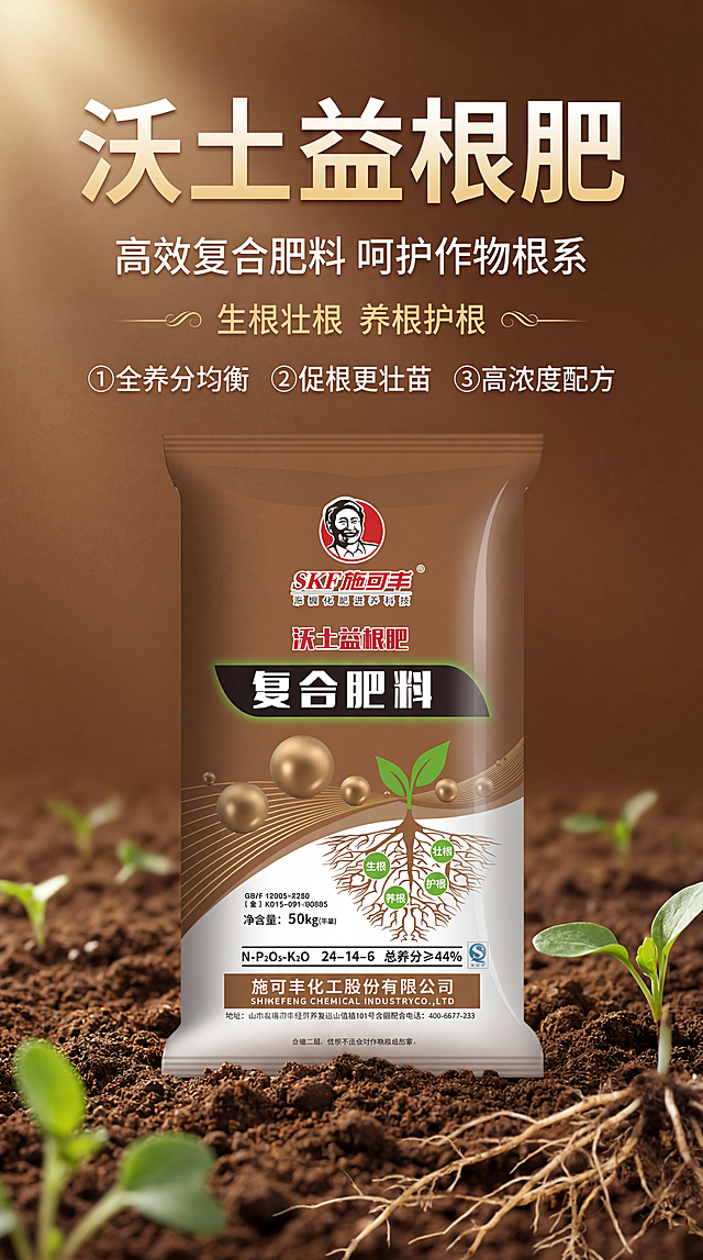 写实商业农资海报，风格为专业农业农资风，主标题"沃土益根肥"，副标题"高效复合肥料 呵护作物根系"，装饰文案"生根壮根 养根护根"，卖点文案标注：①全养分均衡 ②促根更壮苗 ③高浓度配方，保留SKF施可丰品牌logo，100%还原上传商品图的产品外形、包装、LOGO、印刷文字、净含量，以上传图为唯一商品主体来源，完整保留原图的袋装轮廓、结构比例、品牌logo、容量信息、材质质感、颜色与正面朝向，设计仅作用于背景、光影、道具、版式和文字区；背景采用肥沃农田场景，顶部自然光，侧前方柔光，整体色调暖棕渐变，前景虚化绿色禾苗点缀，景深自然，版式精美，分区清晰，产品主体居中占比约65%，文字不遮挡主体，所有文字清晰可读，画面比例9:16，超高清4K分辨率