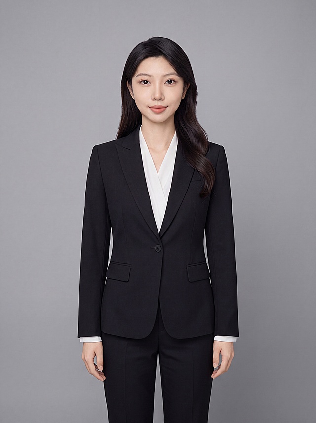 参考图中保留人物脸型、发型、年龄等特征生成职场形象照，标准焦段50mm，f/4光圈，平视视角，镜头与人物视线齐平；人物占画面合适比例，人物居中，居中构图，位于画面中心，为视觉聚焦点，全身照，展现人物完整身形；头部与画面顶部保留合适空间；头部发型完整，头身比例协调，人物结构准确；身穿深黑色精纺羊毛混纺西装外套，平驳领设计，面料呈细腻微微哑光质感；内搭白色高支精梳棉衬衫；下装为深黑色精纺羊毛混纺西装裤；着装正式干练；专业稳重；身形匀称，姿态端正，身体挺拔。呈自然站姿，双手自然下垂，肢体放松且自信；发质微微柔顺，微微蓬松；简约微微中度灰色纯色背景，呈现均匀柔和质感，背景光线均匀柔和，强化色彩对比的高级感，极简干净；画质超高分辨率、细节清晰，现代精致感风格；肤质精细化处理；眼神直视镜头，目光坚定且澄澈，表情自然。嘴角上扬；清透自然裸妆，轻薄底妆+淡唇妆，妆感轻薄轻透裸肌感，通透感肤质，肤质自然细腻，肤色健康均匀，雾面柔光裸肌感，保留真实皮肤细节。正面柔光补光，4800K中性光，面部光比1:1.5，色调明亮。写实摄影，对焦清晰，高清保留皮肤细节；分辨率4K，去除人物之外的所有元素。严格按照图片内容生成，画面比例3:4