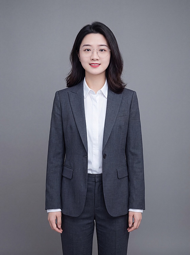 参考图中保留人物脸型、发型、年龄、佩戴细框眼镜等特征，生成通用职场正装全身形象照，展现人物完整身形，标准焦段50mm，f/4光圈，平视视角，镜头与人物视线齐平，人物占画面合理比例，人物居中构图，位于画面中心，为视觉聚焦点，全身照，人物身形完整，头肩比例协调，人物结构准确，头部发型完整。发质微微柔顺，微微蓬松。身穿深灰色精纺羊毛混纺西装外套，平驳领设计，面料呈细腻微微哑光质感，内搭白色高支精梳棉衬衫，下装深灰色精纺羊毛混纺西装裤，着装正式干练，专业稳重，身形匀称，姿态端正，身体挺拔，呈自然站姿，双手自然下垂，肢体放松且自信，保留细框眼镜，去除耳环配饰，正式干练，专业稳重。简约微微中性灰色纯色背景，呈现均匀柔和质感，背景光线均匀柔和，强化色彩对比的高级感，极简干净。画质超高分辨率、细节清晰，现代精致感风格，肤质精细化处理，眼神直视镜头，目光坚定且澄澈，表情自然，嘴角上扬。清透自然裸妆，轻薄底妆+淡唇妆，妆感轻薄轻透裸肌感，通透感肤质，肤质自然细腻，肤色健康均匀，雾面柔光裸肌感，保留真实皮肤细节，正面柔光补光，4800K中性光，面部光比1:1.5，色调明亮，写实摄影，对焦清晰，高清保留皮肤细节。分辨率4K，去除人物之外的所有元素，严格按照图片内容生成，画面比例3:4