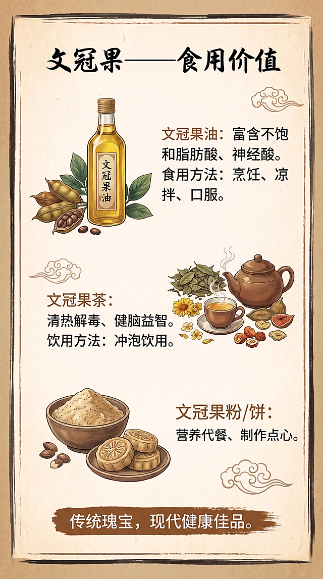 重新优化生成第二张文冠果食用价值竖版彩页，笔记本内页设计，国风复古纸张质感，增加更多细节和排版设计，文字清晰展示文冠果油、文冠果茶等食用产品，提升设计感，保持和第一张历史文化页一致风格，适合书本印刷。