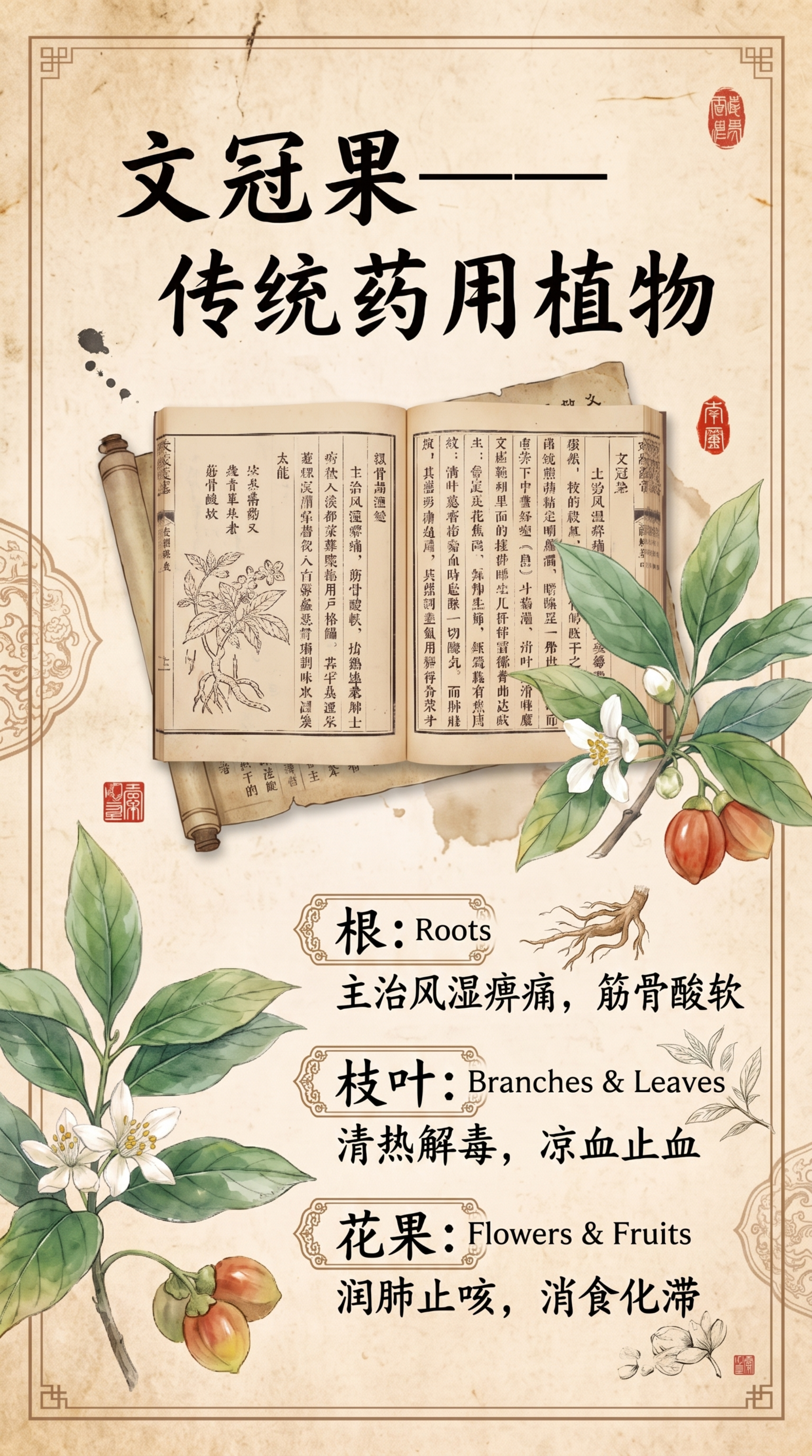 重新优化生成第三张文冠果药用价值竖版彩页，笔记本内页设计，国风… - 图片创意预览