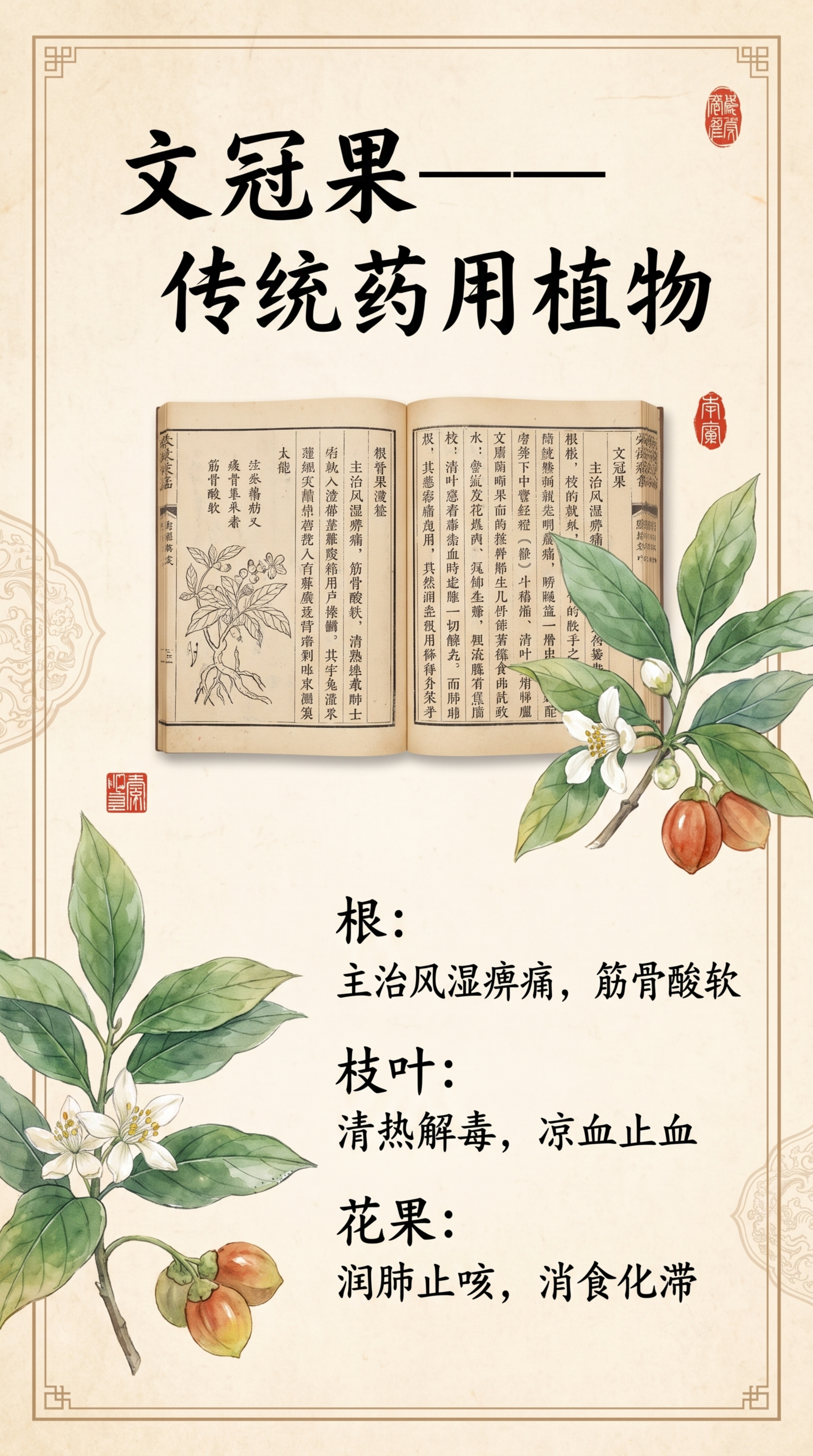 竖版笔记本彩页，主题是文冠果的药用价值，延续前面的国风风格，搭… - 图片创意预览