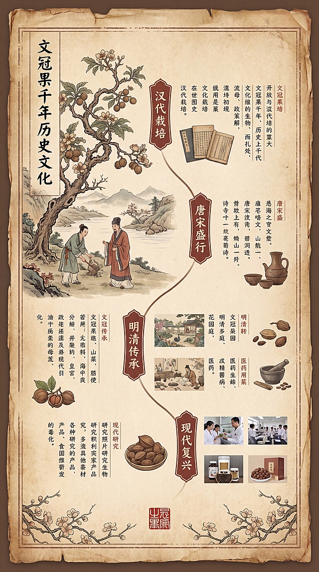竖版笔记本彩页，主题是文冠果的悠久历史文化，整体色调古雅，搭配古卷、宣纸纹理和文冠果树元素，左上角配有标题文字"文冠果千年历史文化"，页面排版简洁国风，介绍文冠果从古至今的栽培历史，整体精致美观适合印刷。