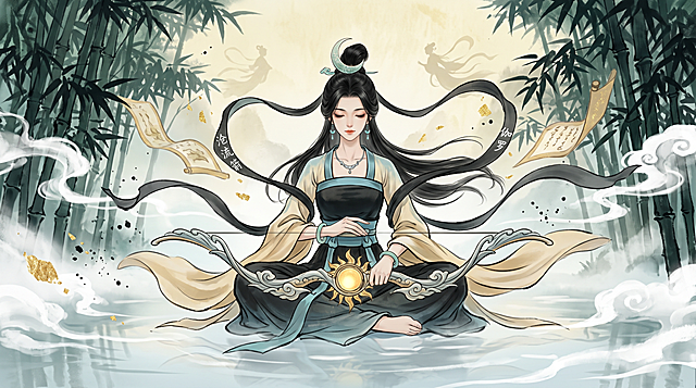 顶级画质，8K 超清，国风水墨泼墨原画，王者荣耀伽罗沧流箭皮肤，古风绝美女子，半垂眼眸，沉静淡然神态，乌黑超长发丝高束发髻，佩戴月形玉发冠，宽大墨色飘带肆意飞扬，精致玉坠耳饰银项圈，浅金广袖古风长裙，黑青撞色衣料，玉质臂环，女子盘坐云雾水面，双手托一柄日月长弓，弓身镶嵌金色日核，云纹浪纹雕刻，画面两侧幽深青竹，白雾云烟缭绕，背景漂浮淡金色水墨书卷，飘带上有白色古风书法字，泛黄墨影里隐约仙女剪影，柔和漫射天光，淡青米黄低饱和配色，水墨飞白笔触，金箔质感，墨点飞溅，仙气缥缈，发丝衣料动态飘逸，水面浅淡倒影，横向宽幅游戏海报，细腻东方古典山水意境