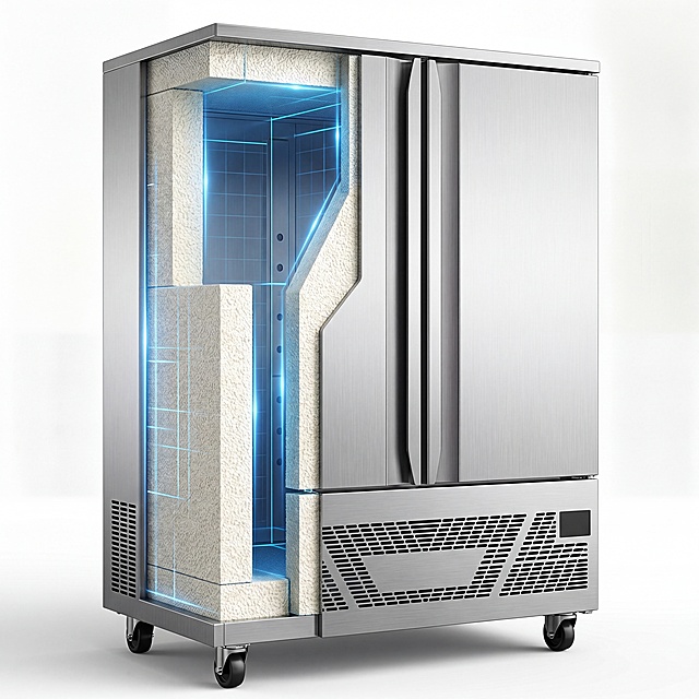 生成商用双开门速冻柜的发泡层内部结构图，采用剖面展示方式，切开箱体侧板，展示箱体内部的高密度加厚发泡保温层，发泡层质地紧密厚实，整体风格具有科技感，保留速冻柜外部不锈钢材质和整体外观结构，保持和原图速冻柜外形、尺寸比例一致，无任何文字，制作电商详情页产品结构图，画质高清，科技感专业可视化展示，光线均匀清晰，突出发泡层高密度加厚的特点，不要添加任何文字和Logo。