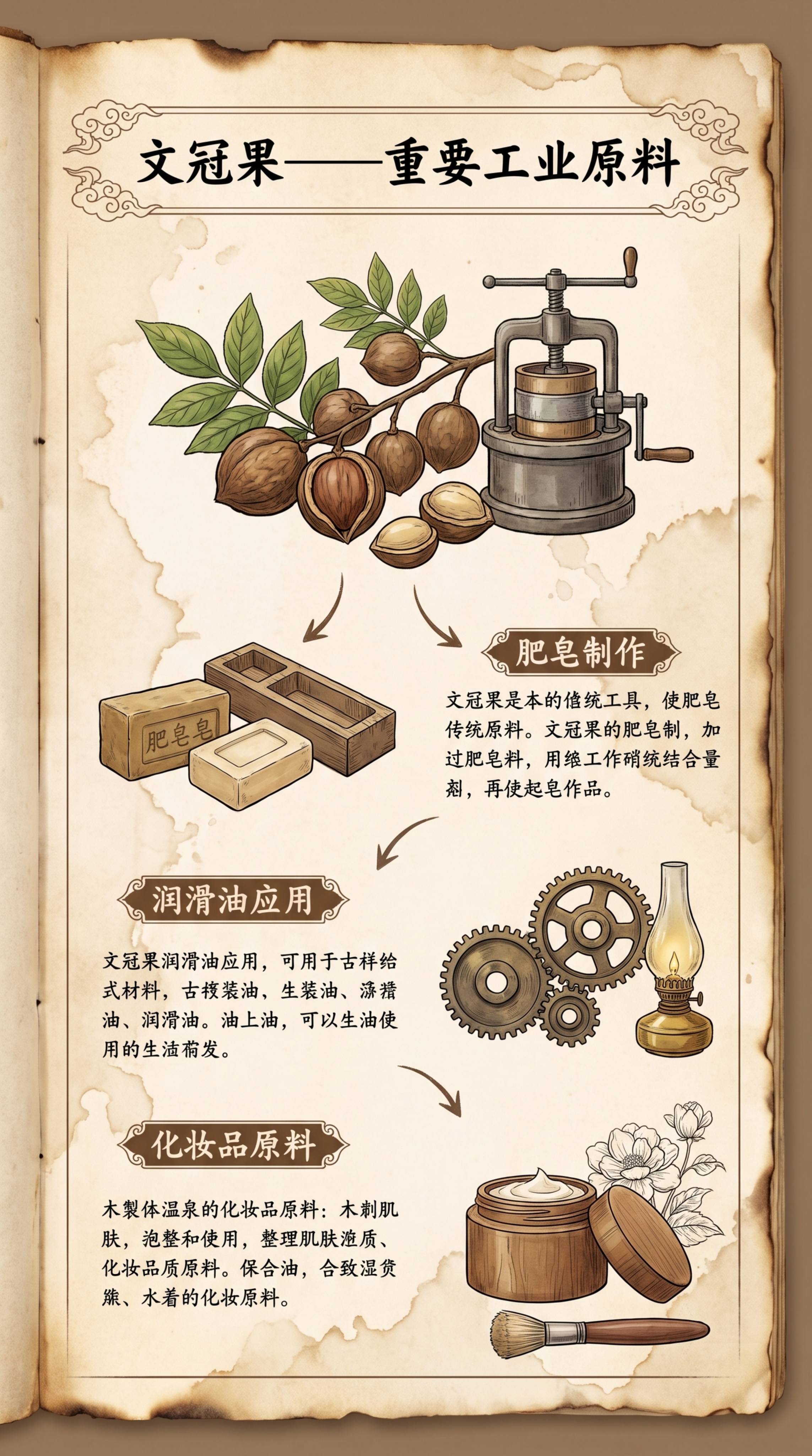竖版笔记本彩页，主题文冠果的化工价值，采用国风复古设计，做旧纸… - 图片创意预览
