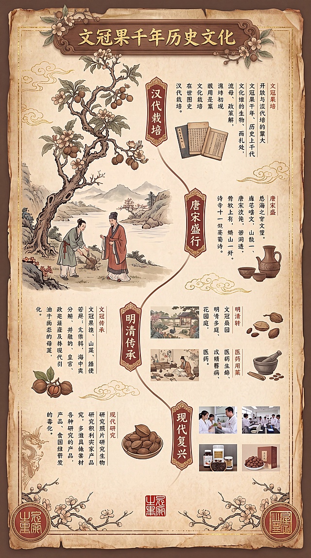 高端笔记本内页竖版彩页，主题文冠果千年历史文化，优化提升专业设计感，精致化文字和图片排版，增加高级国风装饰细节，修正文字清晰度，提升整体高级质感，达到出版物级专业设计水准