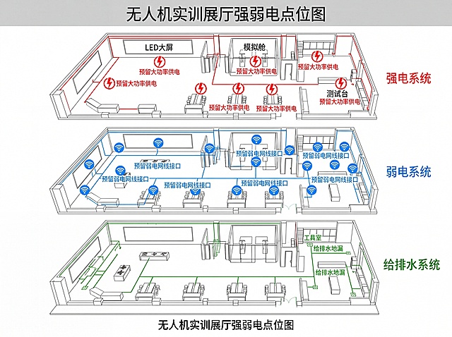 无人机实训展厅强弱电点位图，水电单独分层，标注：LED大屏、模拟舱、测试台预留大功率供电点位，各展台预留弱电网线接口，实训工具区标注给排水地漏，所有点位清晰区分强弱电，符合设计要求