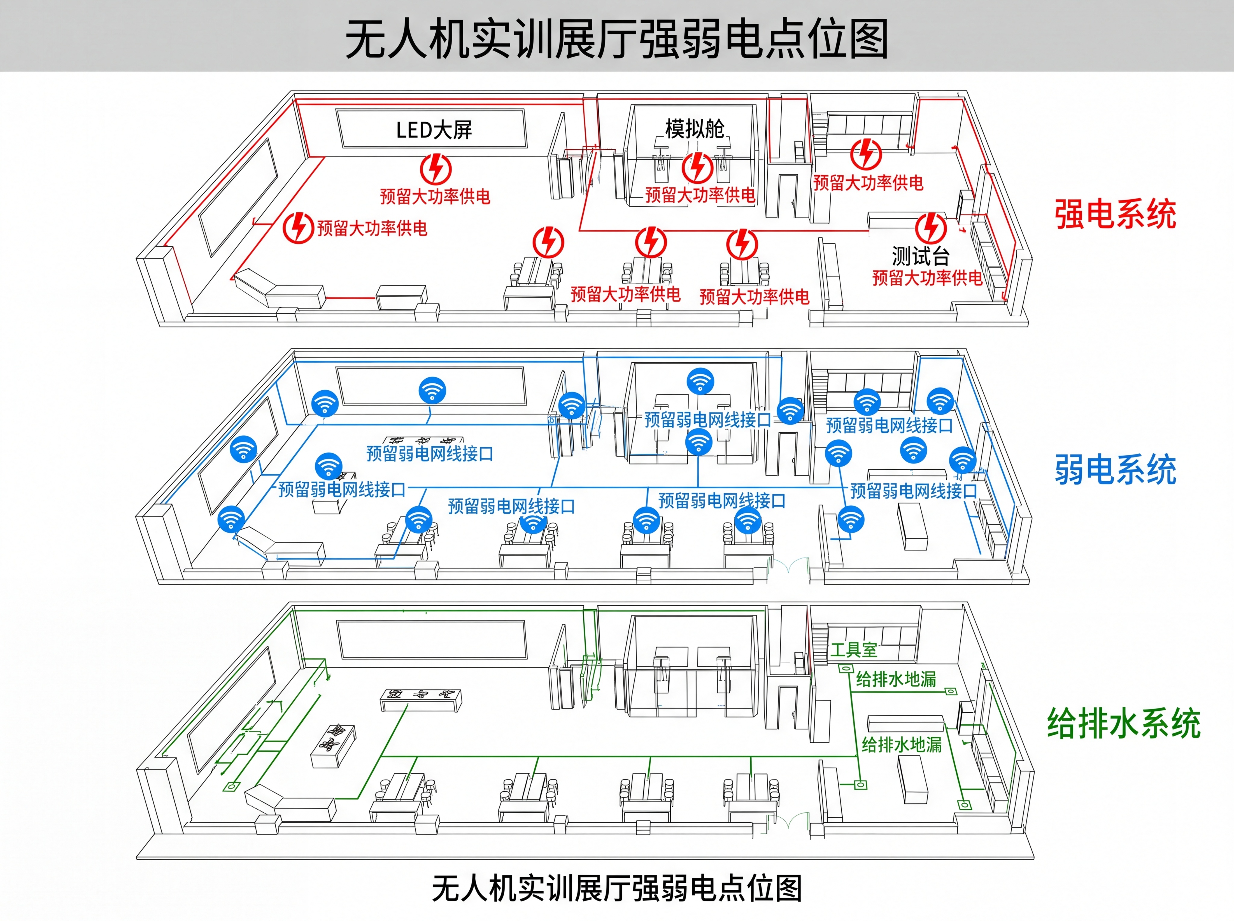 无人机实训展厅强弱电点位图，水电单独分层，标注：LED大屏、模… - 图片创意预览