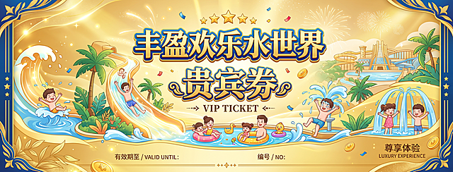 丰盈欢乐水世界贵宾券门票设计，整体金色奢华背景，添加卡通水元素和卡通戏水人物装饰，美观大气，画面包含文字"丰盈欢乐水世界 贵宾券"